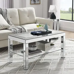 40" Modern Mirrored Coffee Table for Living Room Luxury Cocktail Center Table with Silver Mirror Finish Rectangular Coffee Table with Shining Crystal Inlay