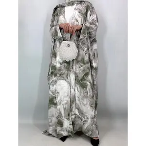 [Includes Hijab] Women's Artistic Ink Print Batwing Sleeve Long Robe Coat Set, Loose-Fitting Vacation Style Outerwear with Pockets, All Season Wear