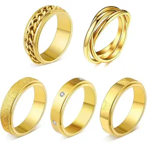 NBB11 5PCS 18K Gold Plated Fidget Rings for Anxiety Stainless Steel Butterfly Chain CZ Inlaid Spinner Rings for Women Men Anti Anxiety Ring Band Set