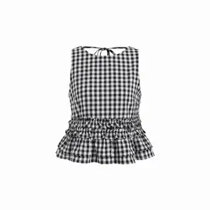Cider 100% Cotton Gingham Boat Neck Ruffled Top