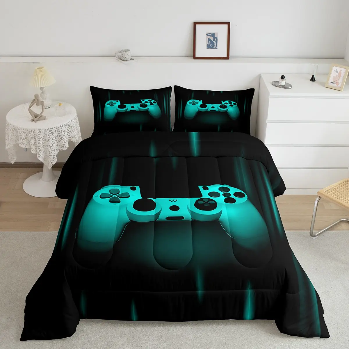 Feelyou Queen Size Gaming Duvet Set - Teal-Black Video Game Geometric Quilted Microfiber Duvet, Breathable Soft Blanket, Decor Gift for Teens, Gaming Duvets
