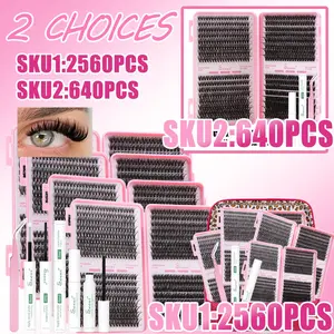640pcs/2560pcs 2 Choices Natural Eyelash Extension Kit, DIY Lash Clusters, Soft Lightweight, Long Lasting 48h, Includes Bond&Seal &Remove&Eyelash Tweezers, Easily DIY Long-Lasting Salon Charm at Home，Perfect for Beginners