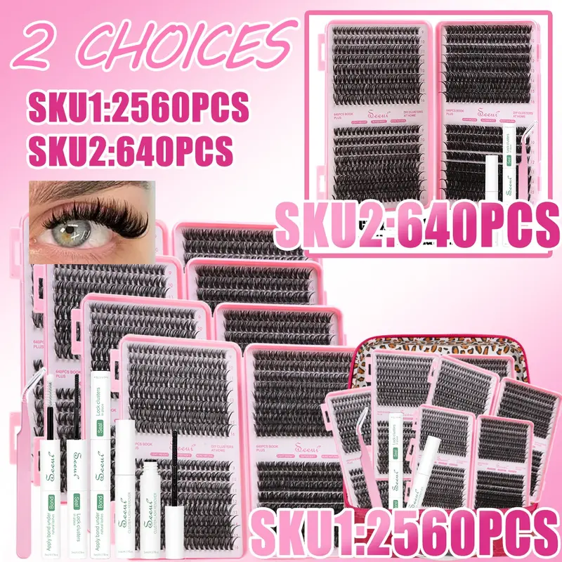 640pcs/2560pcs Natural Eyelash Extension Kit, Diy Eyelashes Kit, False Eyelash Extensions, DIY Lash Clusters, Eyelash Cluster Set, Soft Lightweight, Long Lasting 48h, Includes Bond&Seal &Remove&Eyelash Tweezers, DIY at Home, Perfect for Beginners