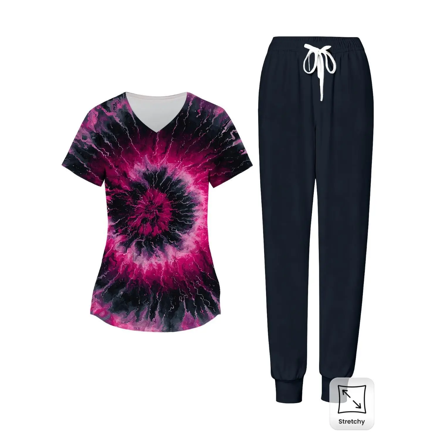 Tie Dye Pink and Black V-Neck Scrub Set with Drawstring Pants - Comfortable Women's Nurse Uniform with Pockets for Spring Workwear