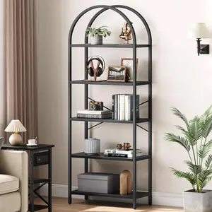 Bookshelf 5 Tier Bookcase Arched Display Racks Tall Standing Bookshelves Metal Frame Open Storage Rack Shelf Large Black Book Shelf for Bedroom, Living Room, Home Office
