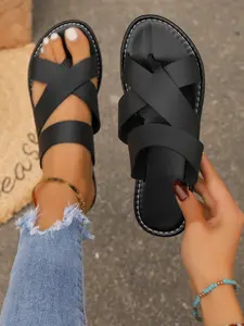 New Simple Cross Strap Sandals Rubber Sole Soft Non-Slip Footwear, Casual Style Solid Pattern All Seasons Below Ankle Height