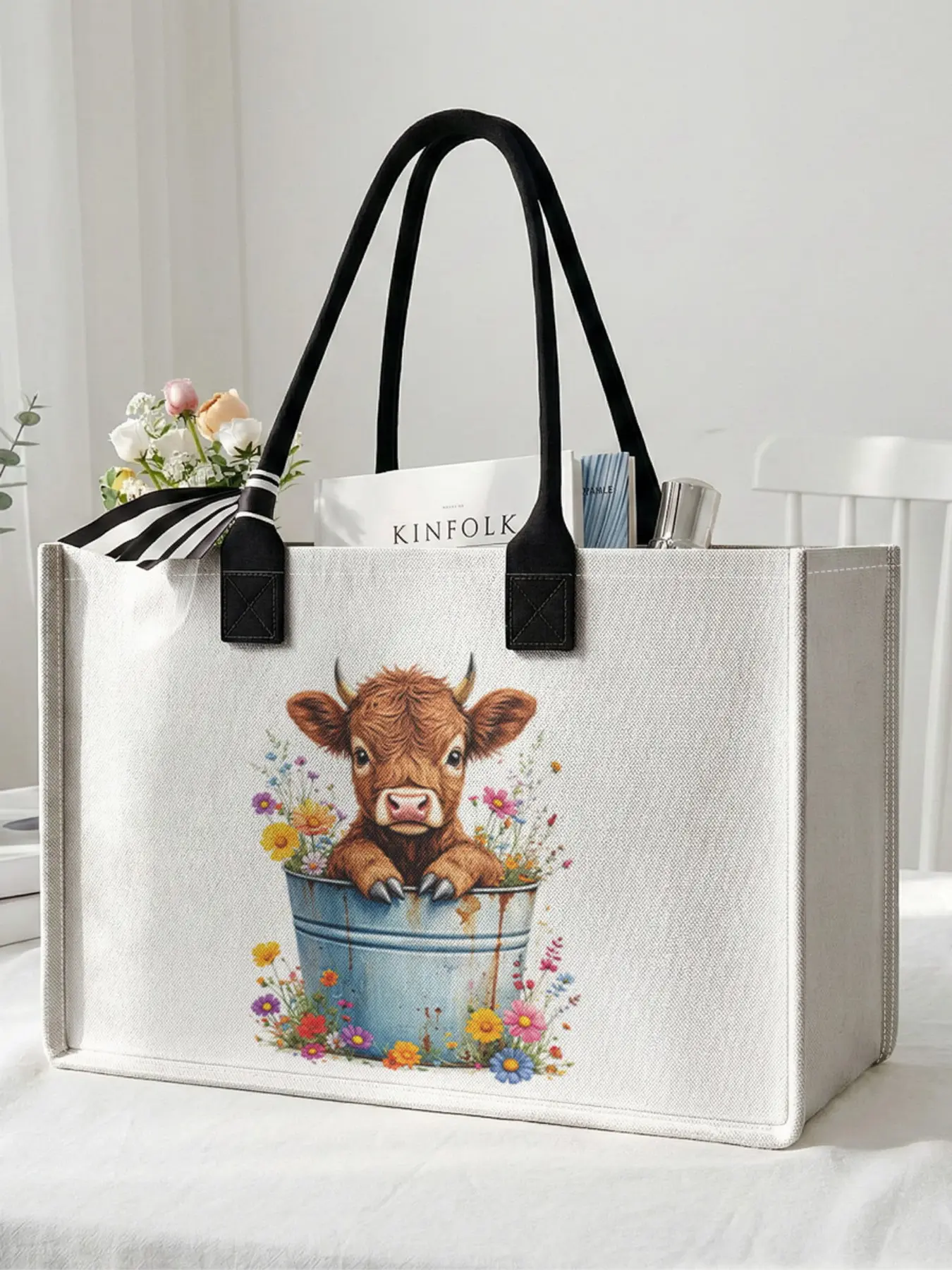 1 piece of 2D printed large-capacity storage bag with a pattern of a calf and flowers, extra large storage bag, sturdy handle, space-saving and multi-purpose, suitable for use at school, on business trips, and shopping