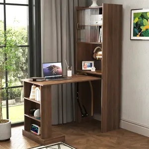 ​​Folding Desk with Storage​​, ​​Fold Out Desk​​ Space-Saving Workstation, Wall Mounted & Foldable Design for Home Office, Bedroom, Dorm, Includes Shelves, Pegboard & Sliding Glass Doors, Walnut