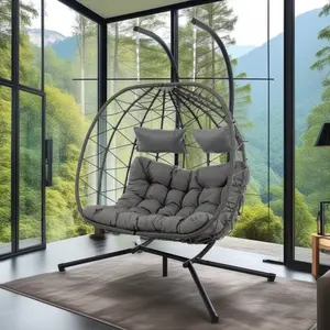 2 Persons Egg Chair with Stand Indoor Outdoor Swing Chair Patio Wicker Hanging Egg Chair Hanging Basket Chair with Stand for Bedroom Living Room Balcony chair patio wicker