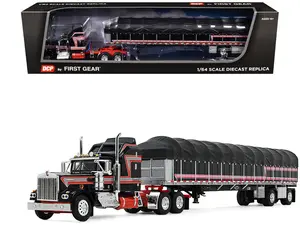 Kenworth W900A with 60" Aerodyne Sleeper and 53’ Wilson Flatbed with Wagon Black with Red 1/64 Diecast Model by DCP/First Gear