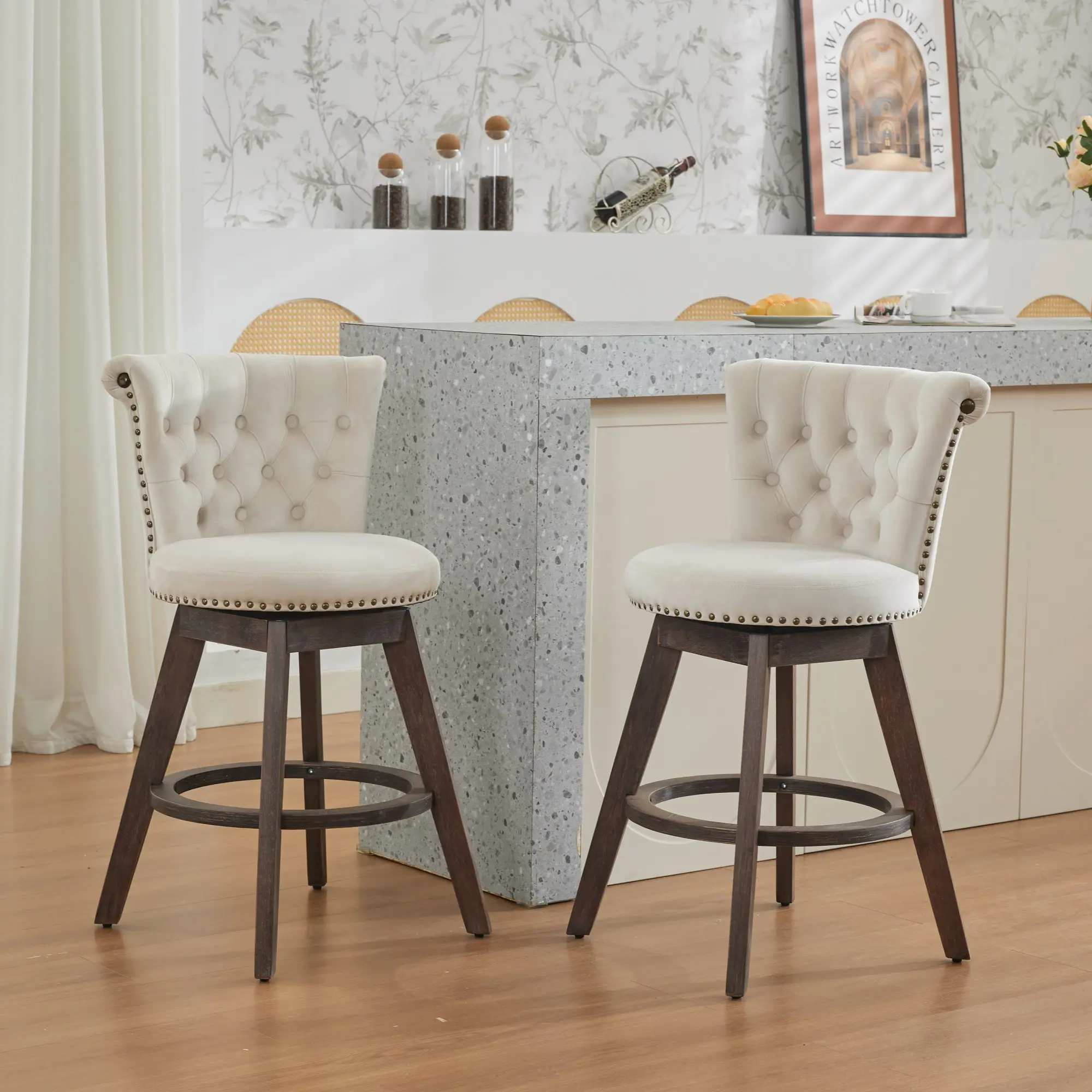 26-Inch Counter Height 360-Degree Swivel Bar Stools Set of 2, Beige Velvet Upholstered Seats with Tufted Backs and Wood Legs