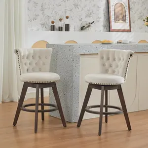 26" Counter Height Bar Stools Set of 2, 360° Swivel Stools with Back & Hand - Tufted Button - Trimmed Edges, Upholstered Velvet Kitchen Counter Stools on Wood Legs, Beige, SW1868BG