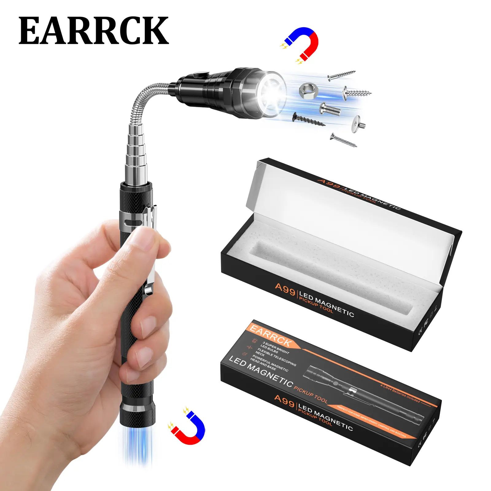 Telescoping Magnetic Pickup Tool with 3 LED Lights, Plastic Body, 22-in Extendable 360° Flexible Neck, Magnet Flashlight, Picks Up Metal – Home Improvement Portable Lighting Gift for Mechanics, Dads