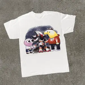 Shadow The Hedgehog With Pim And Charlie T-Shirt, Shadow The Hedgehog X Smiling Friends Crossover Funny Meme Parody Graphic Tee, Cute Emotional Scene For SG And Adult Swim Fans, Unisex Cotton Crewneck T-Shirt Menswear Womenswear Streetwear Top