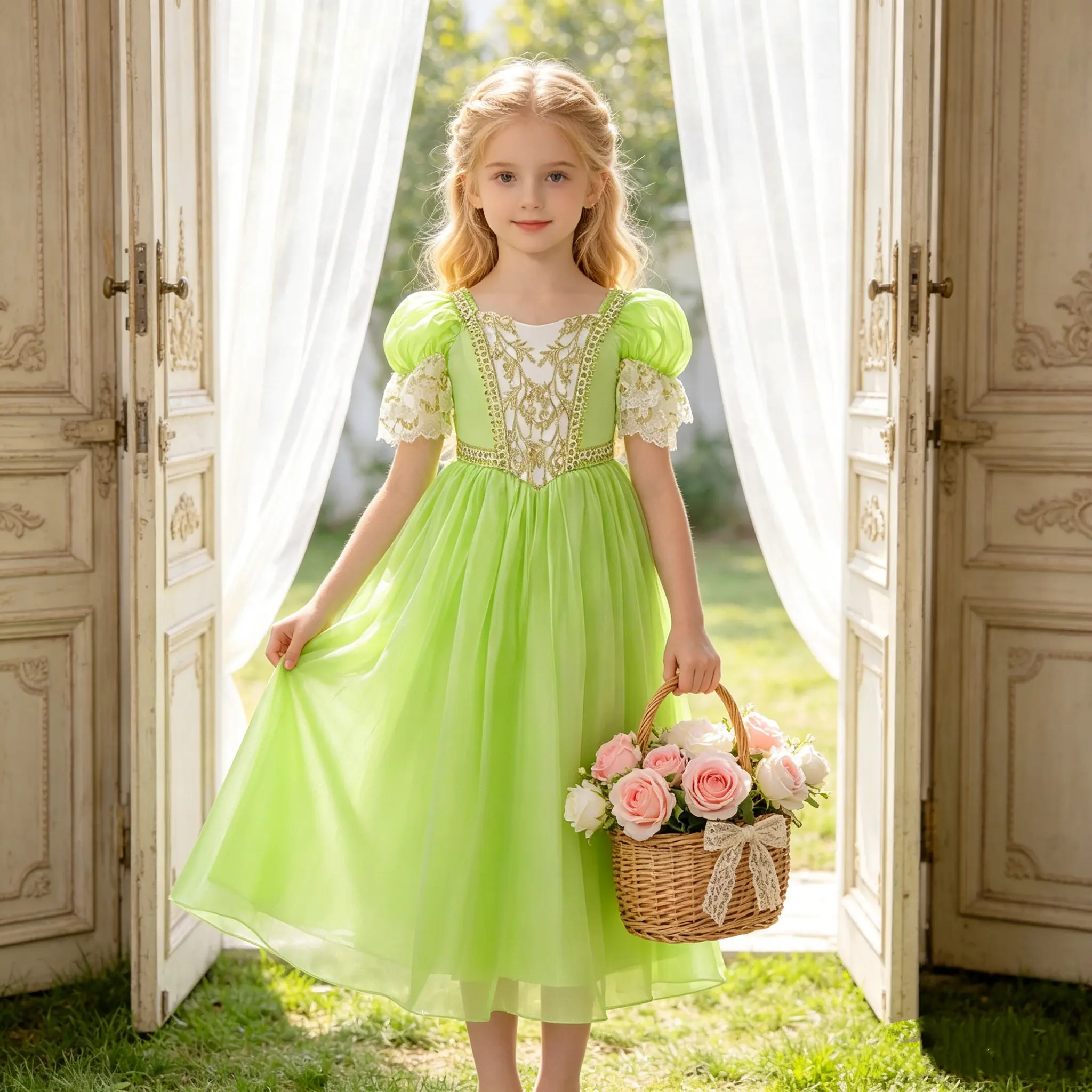 91 Kids Girls' Formal Dress Embroidered Green Muslim Style Dress With Sequin Design