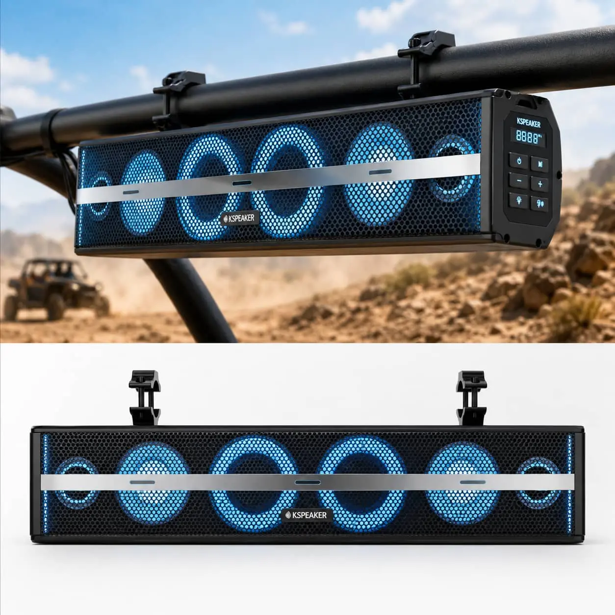 KSPEAKER K100 25 Inch UTV Sound Bar Speaker with Bluetooth, USB, AUX Input, RGB Lights, 12V Power and Roll Bar Mount for UTV ATV Golf Cart