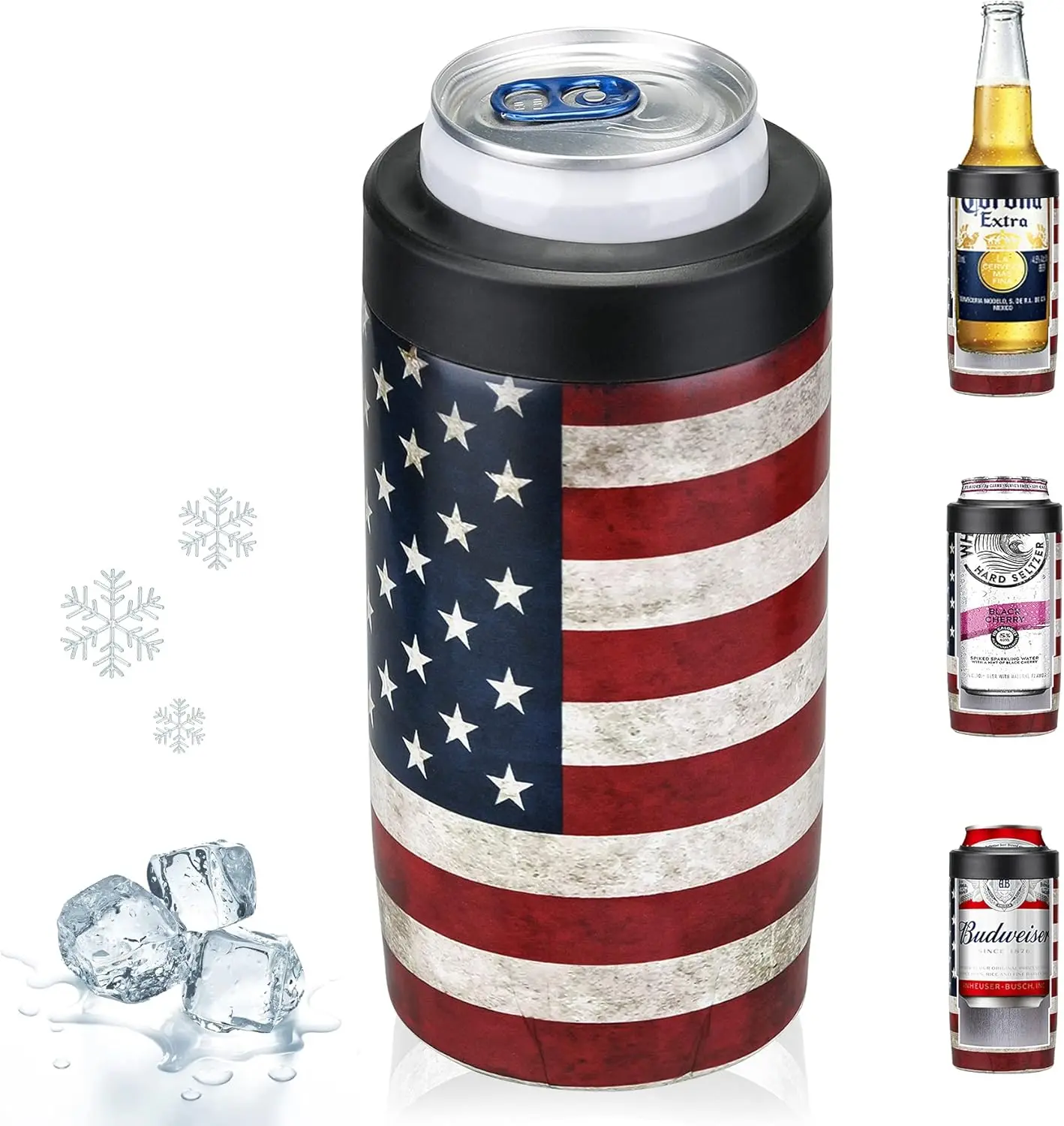 Slim Can Cooler, 4-in-1 Double Walled Stainless Steel Insulated Beer Can Holder, Works With All 12 Oz Cans,Bottles & As A Pint Cups - America Flag