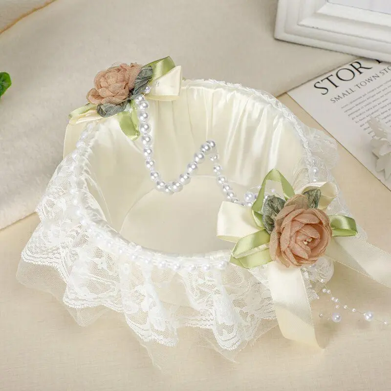 Wedding Flower Girl Basket with Pearl Handle,Satin Flower Storage Basket for Wedding Home Garden Decor