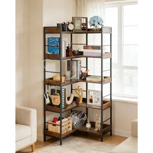 5 Tier Reversible Corner Bookshelf with 4 Hooks, Industrial Wooden Bookcase with Open Shelves, Heavy Duty Metal Frame Storage Rack for Living Room, Bedroom, Home Office, Vertical or L Shape Corner Display Shelf
