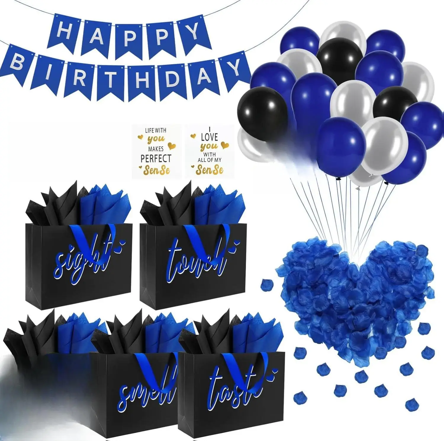 5 Senses Gifting & Decorations Set - Black with Blue Lettering, Includes Bag, Labels, Tissue Paper, Banner, Balloons, Rose Petals, Envelope, Card, for Birthday, Anniversary, Him