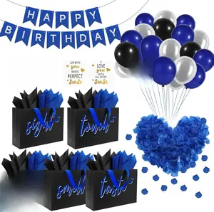 5 Senses Gift Bags for Him with Labels & Tissue Paper | Happy Birthday Decorations Kit with Banner, Balloons, Rose Petals, Envelope, Card for Men, Boyfriend, Husband(Black - Blue lettering)