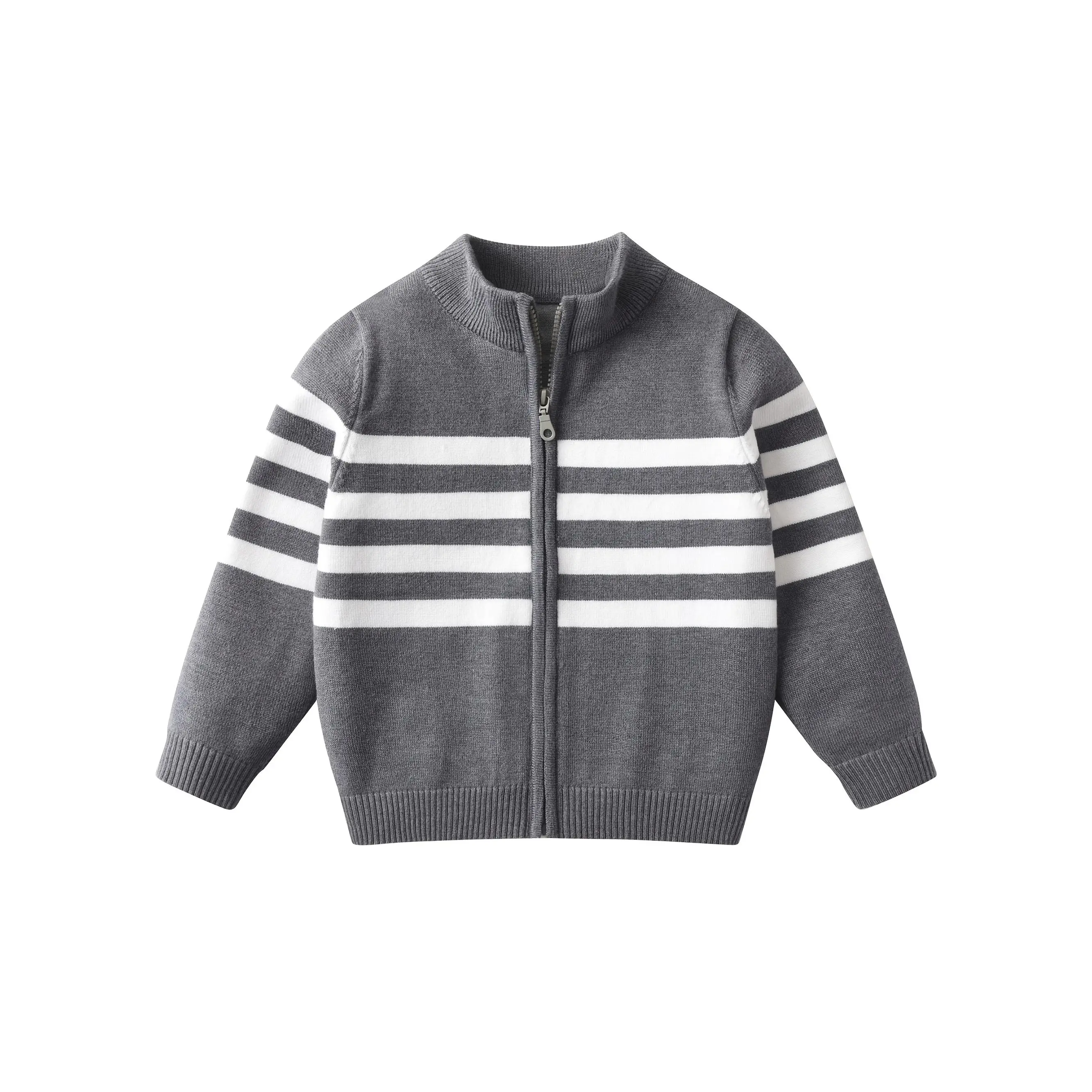 Boys' Polyester Striped Athletic Cardigan - Fitted Soft Knit Full-Zip Top with Stand-Up Collar, Elastic Neck, Regular Sleeves for School, Outdoor Wear, Long Sleeve, Soft Fabric, Soft Polyester