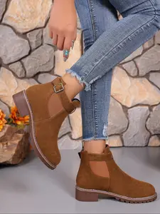 Women's Low Heel Chelsea Ankle Boots, Buckle Decoration, Vintage Fashion, Suede Leather, Fall Winter New Arrival, Soft