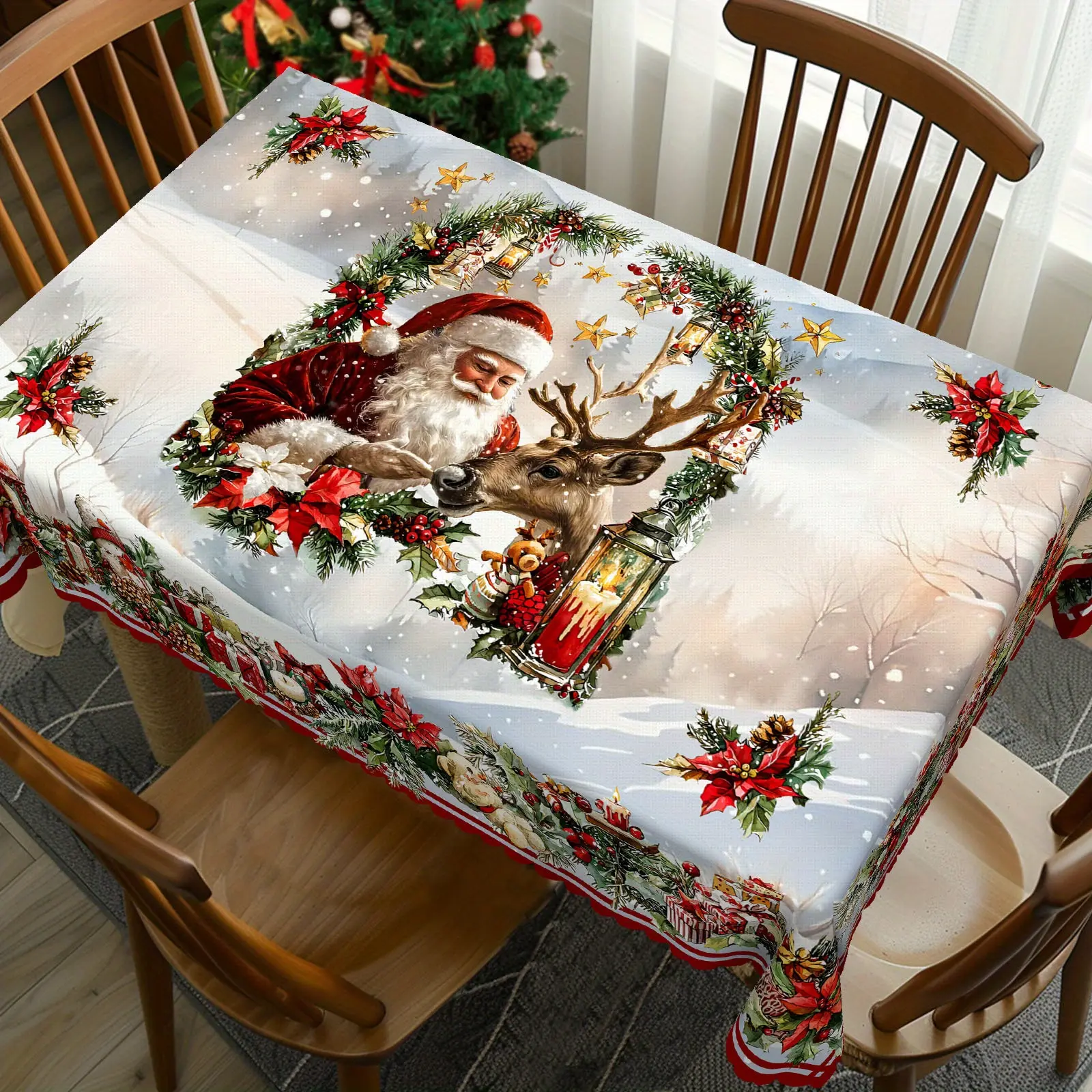 1pc Christmas Round Tablecloth, Vintage Santa Claus & Reindeer & Christmas Flower & Snowman & Gift & Tablecloth Design, Christmas & Winter Decor, Ideal for Indoor/ Outdoor Parties & Home Decor.