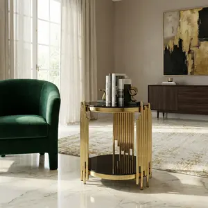 NYUN Round Tempered Glass Coffee Table - Mirror Gold Stainless Steel Multi-Functional Table​