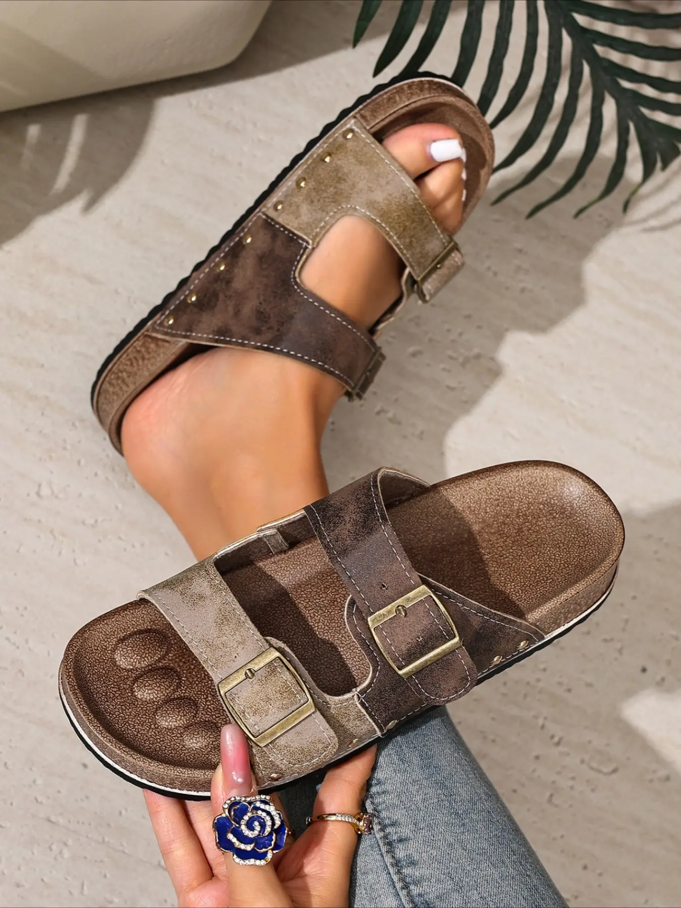 Retro color-blocked mesh headband half-slippers with double buckles, casual leisure sandals. 2026 cross-border bestseller for women’s shoes. Boho casual sandals, Low platform sandals