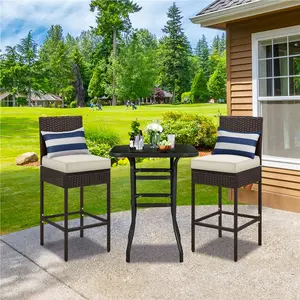 Yaheetech Set of 2 Patio Bar Stools, Outdoor PE Rattan Bar Height Chairs with Cushions & Footrests & Backrest for Indoor, Outdoor, Backyard, Porch, Max.Load 300Lb, Brown/Beige