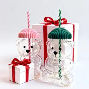 2pcs Viral Bearista cold Cup for 2025Holiday Collection,Nostalgia Cute Bear GlassCup With Striped Straw, 2025 Cute CoffeeMugs, Glass Bears Cups, Coffee Beers WineCocktail Drinks Glassware, Teddy Bears CupWith Green Beanie-Style Lid!