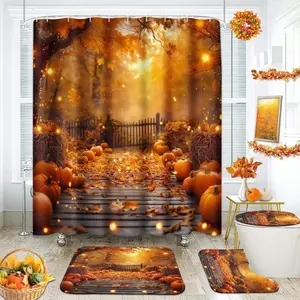 Fall Bathroom Set with Shower Curtain and Rug and Accessories, Thanksgiving Pumpkin Maple Leaves Autumn Farmhouse Orange Shower Curtain Set for Bathroom Decor 4 Pcs Bathroom Decoration Accessories