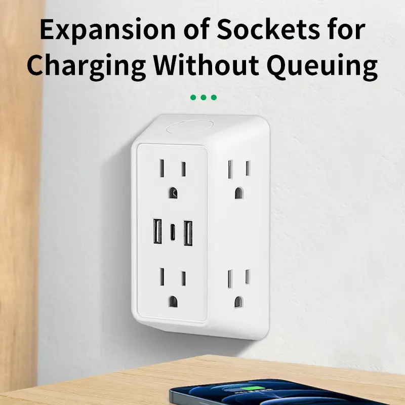 Wall charger, extender with 6 sockets (including 2 USB and 1 type charging ports), three-sided power plug adapter, multi-plug adapter (with appropriate spacing), suitable for household, travel, office and other occasions as electrical accessories.