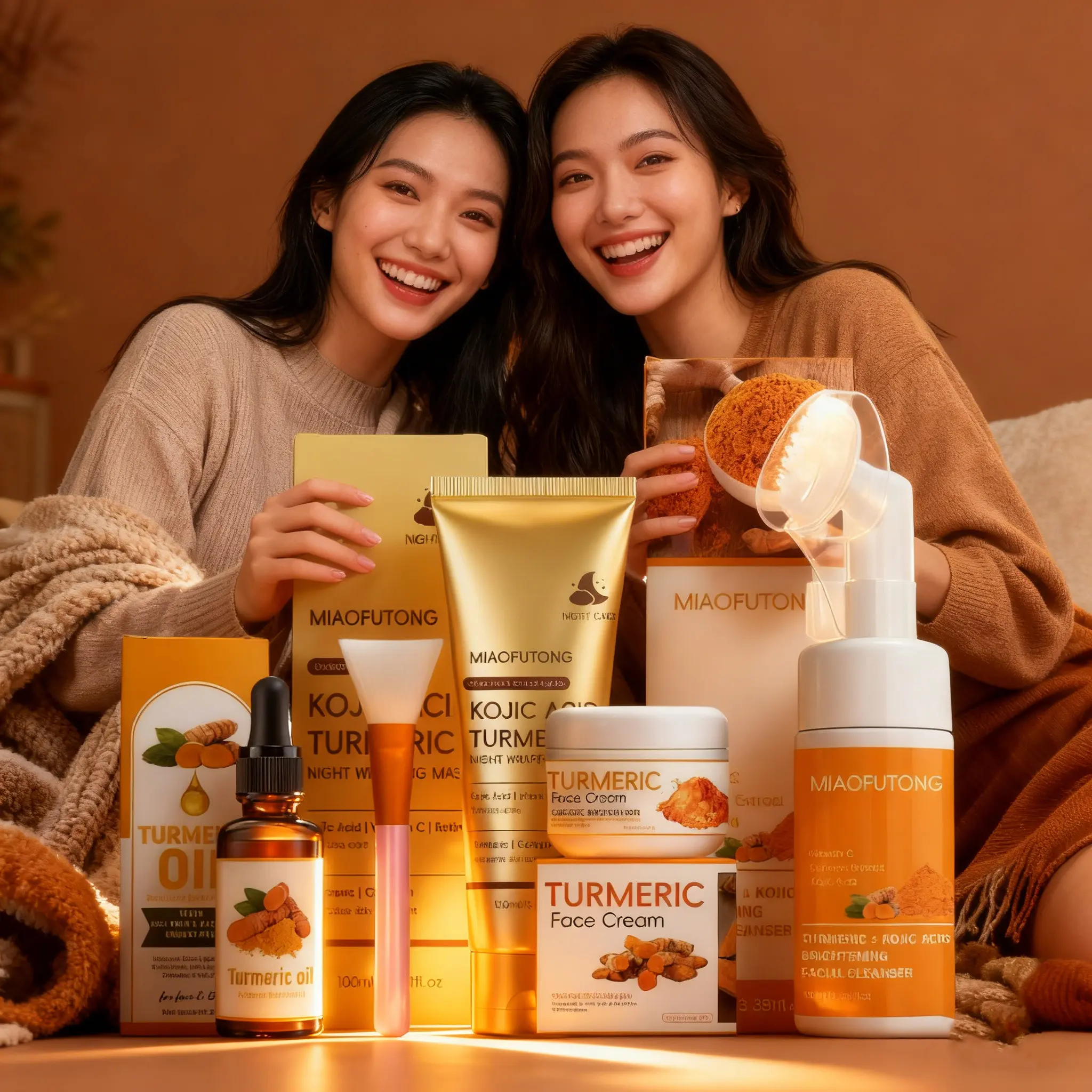 Turmeric Facial Care 4-Piece Hydration Care Set, Moisturizing Kit, Includes Cleansing Mousse, Facial Serum, Face Cream & Peel-Off Mask, 4-step routine for cleansing and moisturizing, autumn and winter skincare