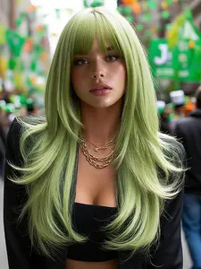 24 Inch Women's Layered Straight Hair Wig with Bangs, Soft Puffy Synthetic Heat Resistant Wig for Daily Party Carnival