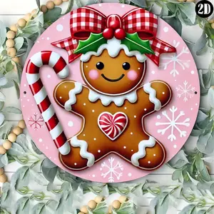 2D Gingerbread Wreath Aluminum Sign - Pink Christmas Decor