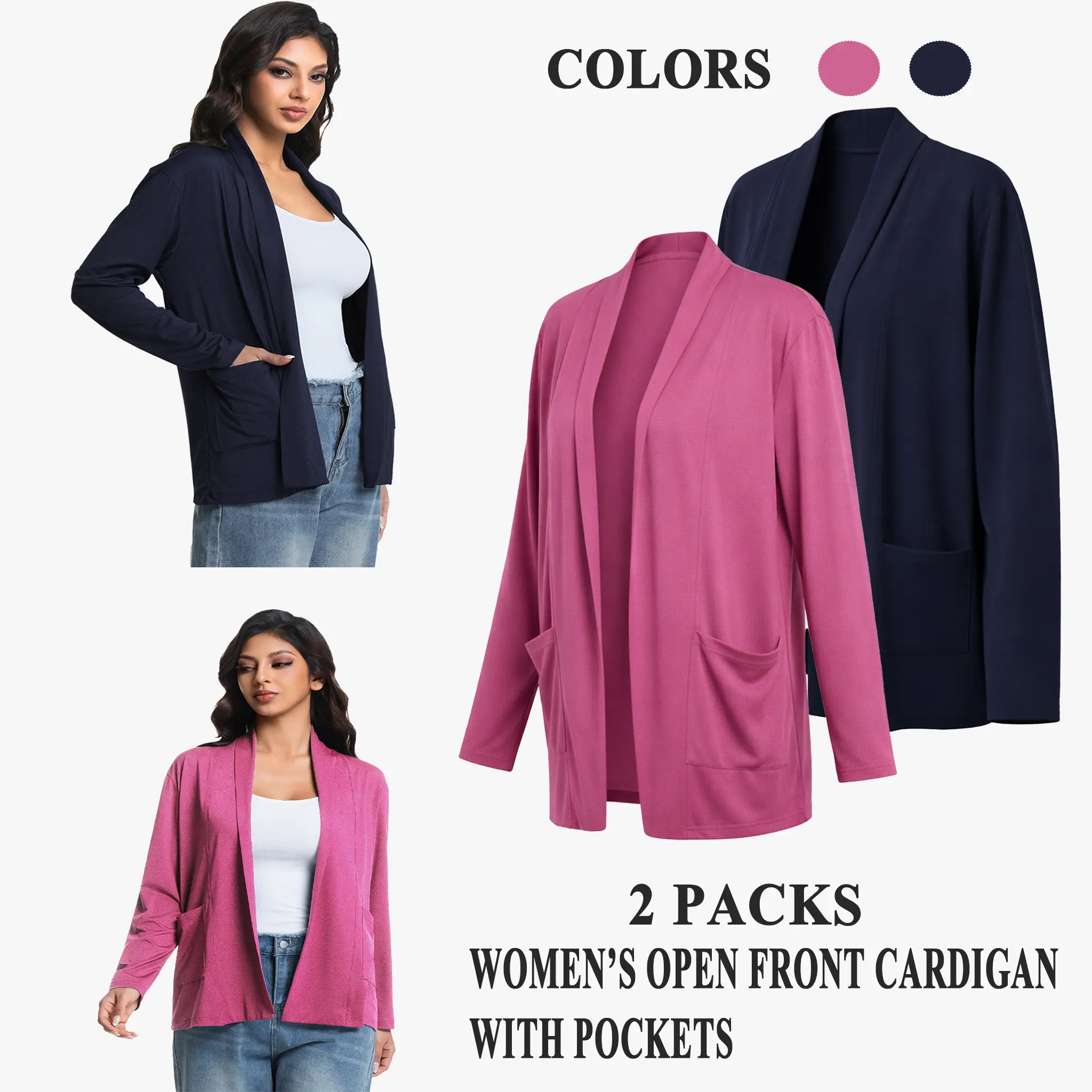 Women's Knitwear Cardigan 2 Pack, Basic Long Sleeve Open Front with Pockets, Soft and Stretchy Lightweight Outerwear for Fall, Lady, Work, Do Not Dry Clean