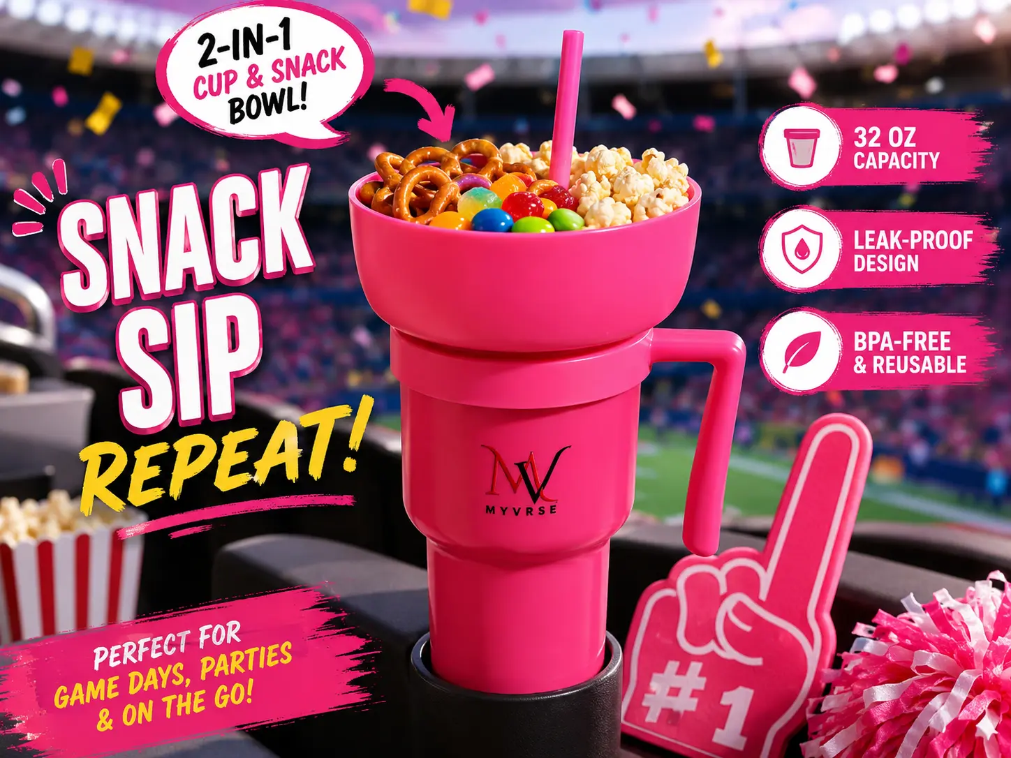 MYVRSE 32 oz Stadium Tumbler with Snack Bowl, Lid & Straw