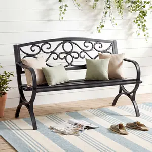 Outdoor Garden Bench, Metal Patio Bench with Elegant Scrollwork Backrest & Contoured Seat, Sturdy Backyard Seating for Porch, Park & Deck