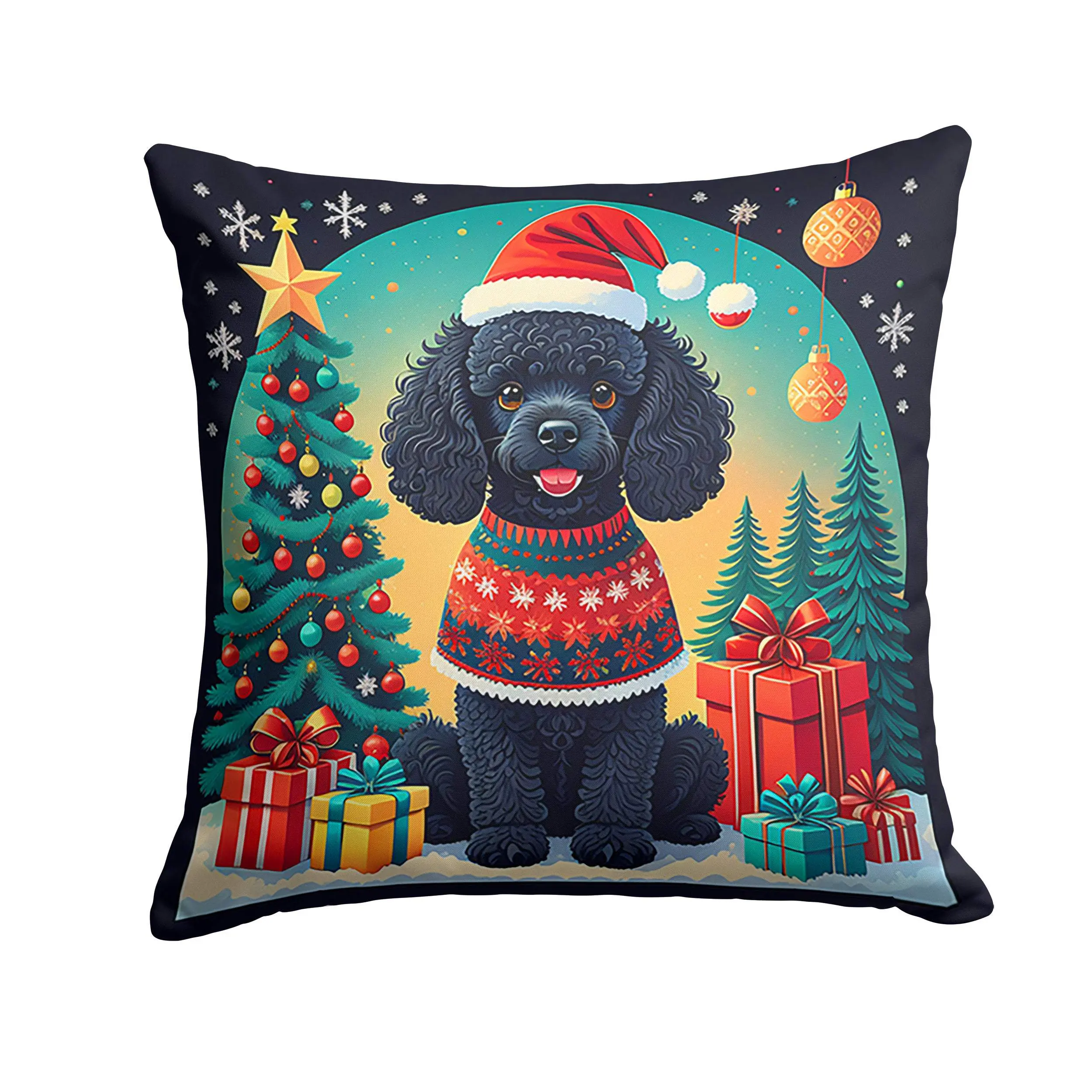 Black Toy Poodle Print Animals-Themed Christmas Decorative Pillow - Stain-Resistant, Waterproof Fabric, Handcrafted in the United States, Fabric Material