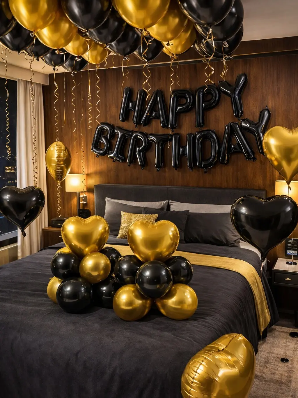47pcs Black Gold Birthday Balloon Decor Kit, Happy Birthday Letter Balloons with Heart Foil and Latex Balloons for Party Backdrop