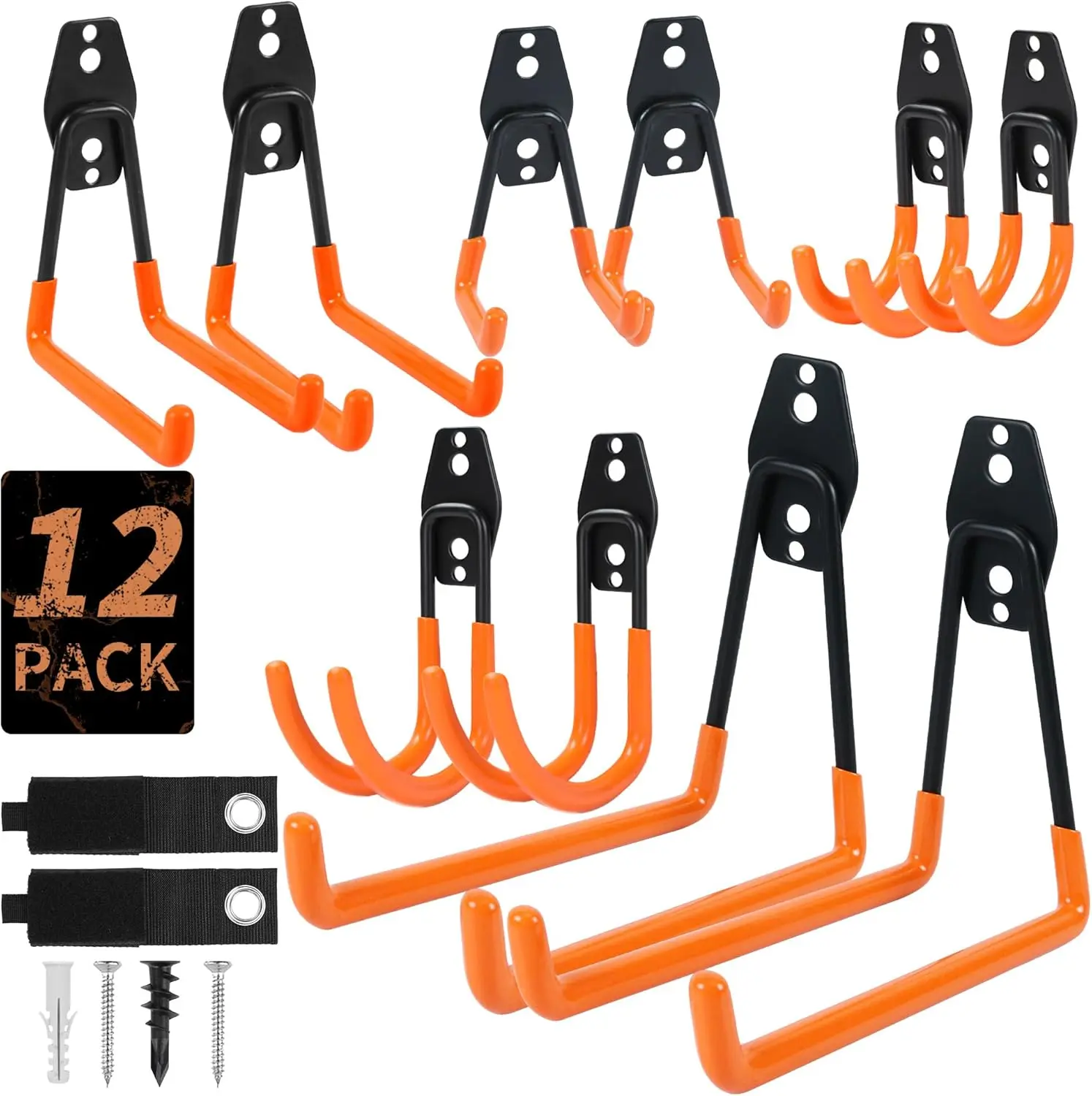 Garage Storage Hooks Heavy Duty Wall Mount Organizer with Cord Straps for Ladders, Bikes & Tools, Garage Wall Hanger Set