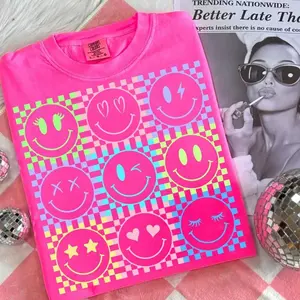 Comfort Colors® Neon Summer Smiley Face Checkerboard T-shirt Sunshine Shirt Beach Life Shirt Summer Vibes Tee Neon Trendy Summer Shirt Distressed Beach