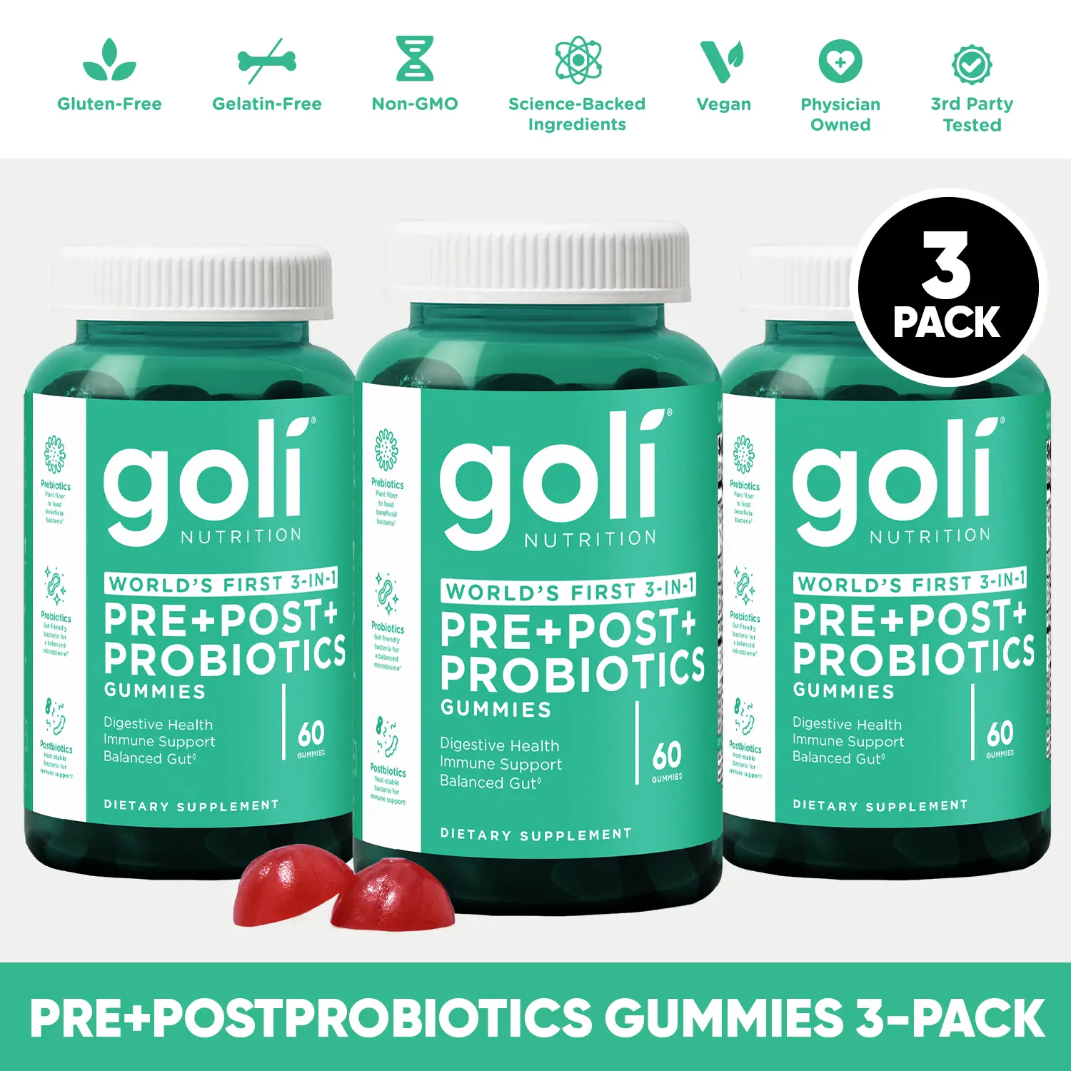 3 Bottles of Goli Pre, Post, Probiotics Gummy - World's First 3-in-1 Gluten-Free, Vegan, Non-GMO, and Gelatin-Free. 3 Bottles of Goli Pre, Post, Probiotics Gummy - World's First 3-in-1 Gluten-Free, Vegan, Non-GMO, and Gelatin-Free.