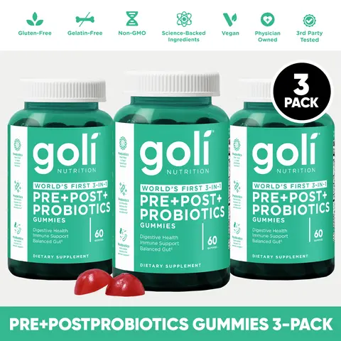 3 Bottles of Goli Pre, Post, Probiotics Gummy - World's First 3-in-1 Gluten-Free, Vegan, Non-GMO, and Gelatin-Free.