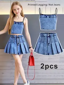 Kids' Stylish Denim Print Two-Piece Set, Crop Top & Pleated Skirt, Loose Fit Design, Ideal for School & Playwear