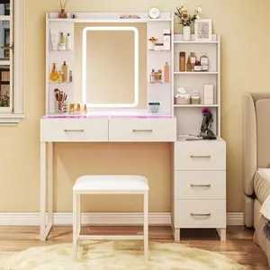 Vanity Desk with Mirror and LED Lights, 43" Makeup Vanity with Glass Top & Wireless Charging, Vanity with RGB Drawers, 3 Colors Light, Power Outlet Safety Switch for Bedroom, White