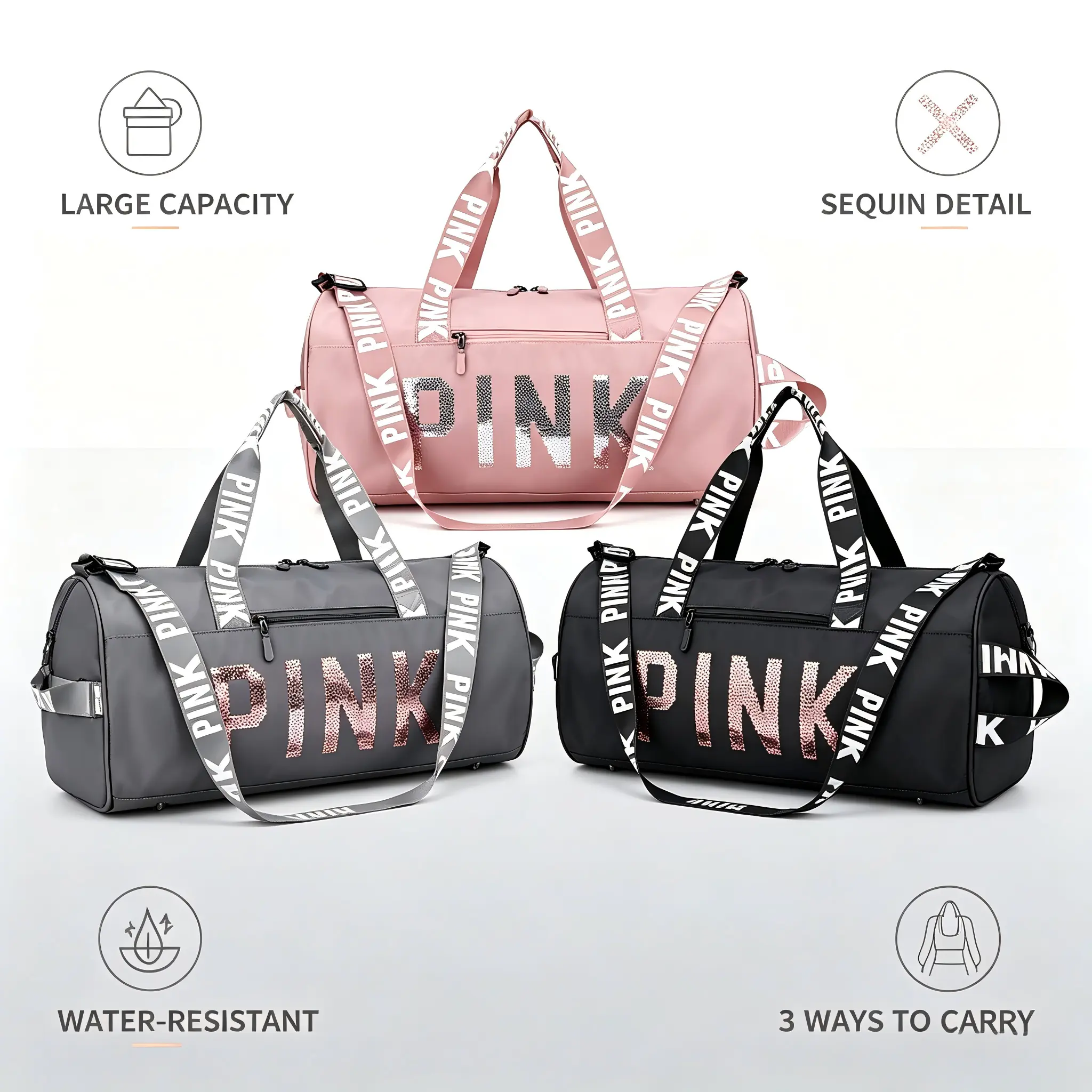 Sparkly Sequin Gym Duffel Bag for Women, Waterproof Oxford Weekender with Independent Shoe Compartment, Dry-Wet Space & Printed Straps for Travel & Workout, Oxford Fabric