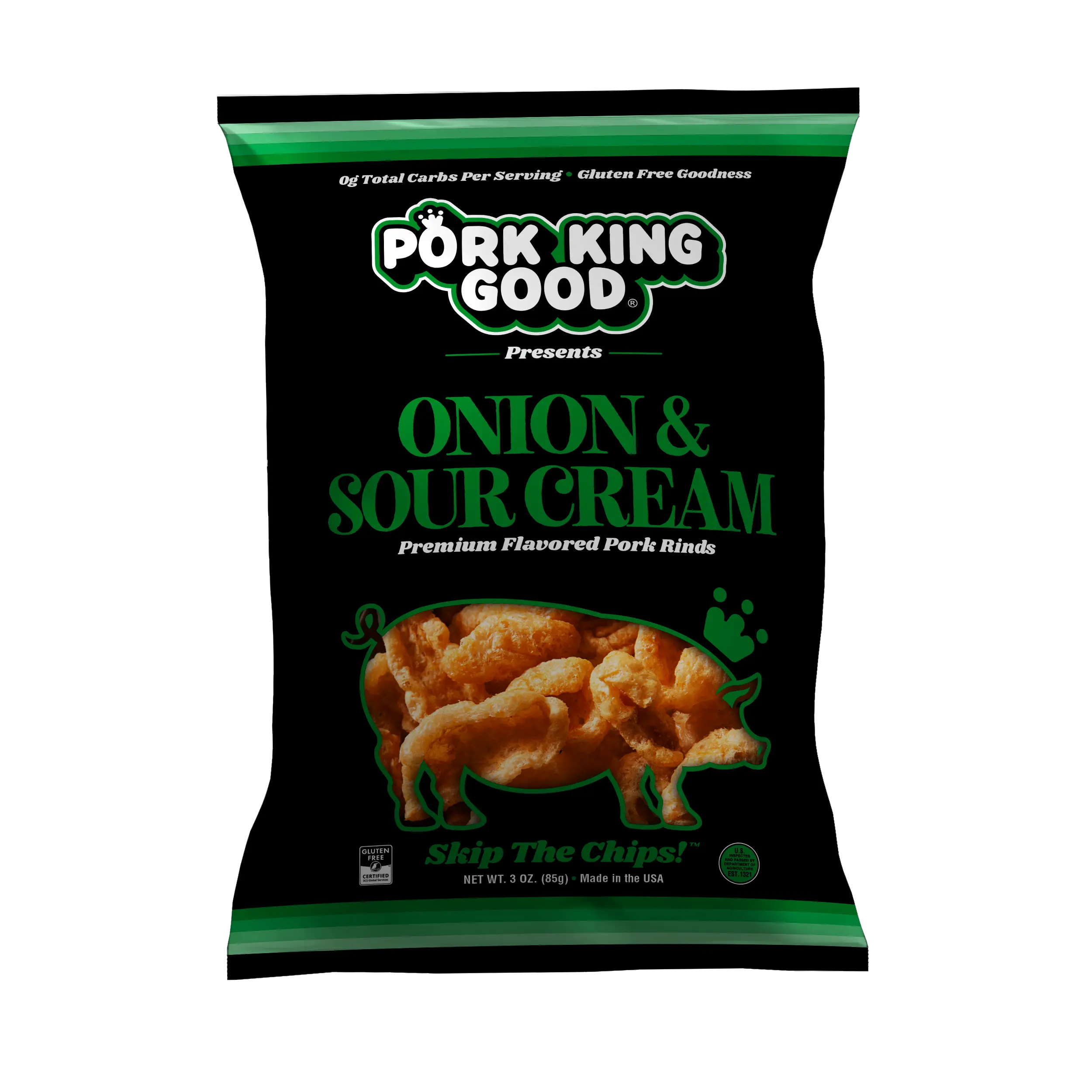 Pork King Good Onion & Sour Cream Pork Rinds Snacks - 3 oz, Natural, Crunchy, Dry, Crispy Crunchy Puffed Crisps
